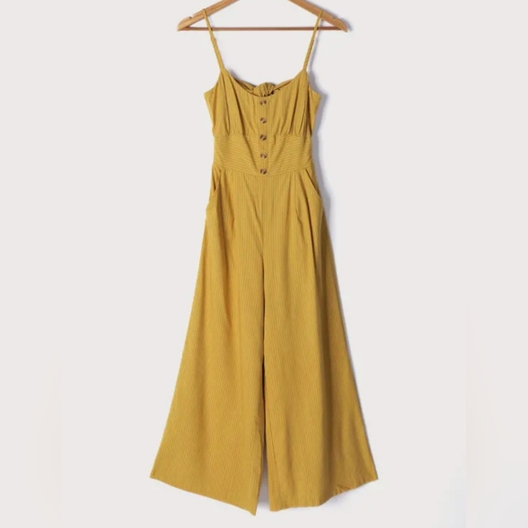 Lulus Coastal Air Mustard Yellow Striped Tie-Back Culotte Jumpsuit - Picture 5 of 9